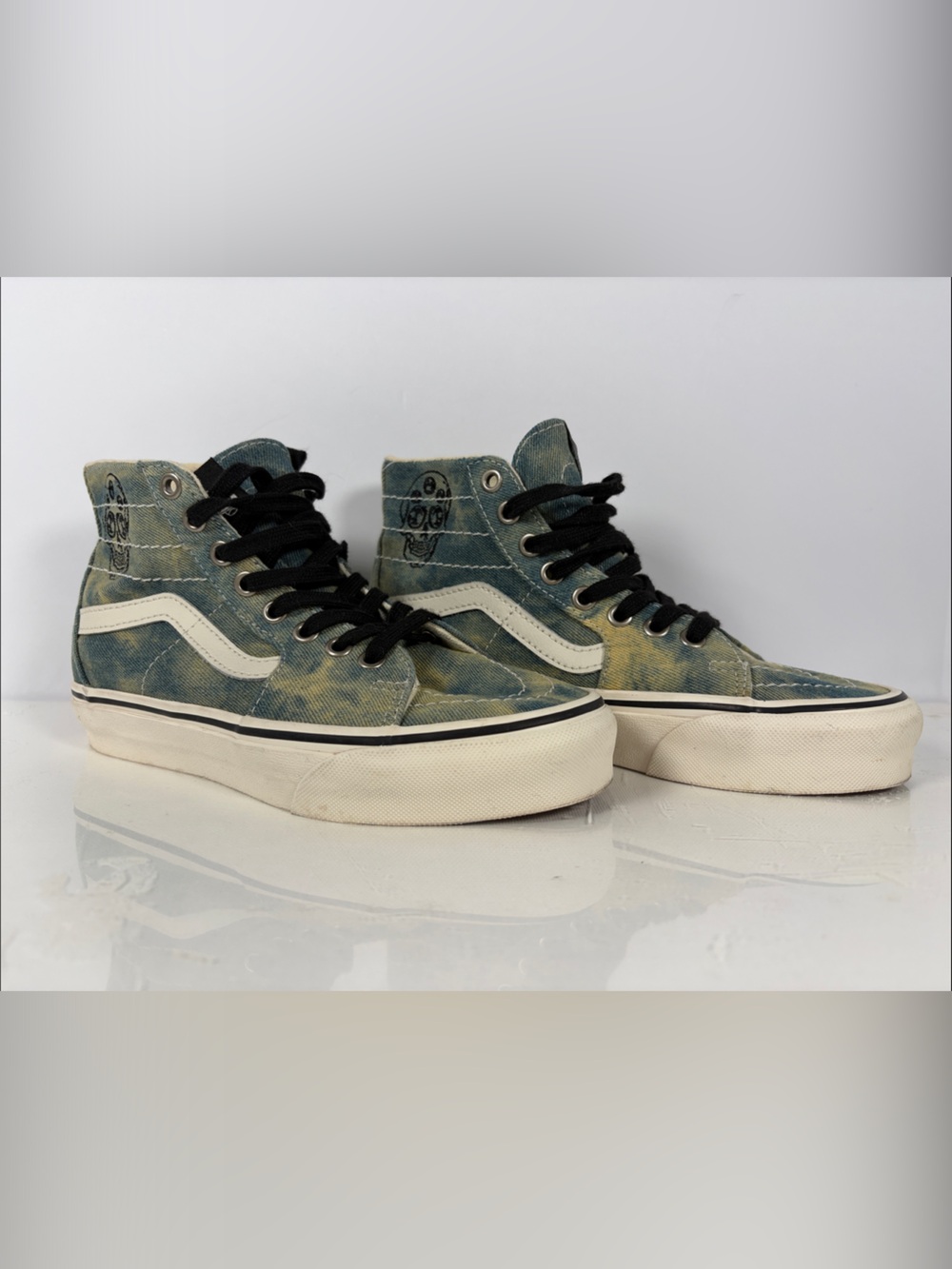 Vans Sk8-Hi Skull Denim High Top Sneakers Blue Distressed Women 6 Men 4.5